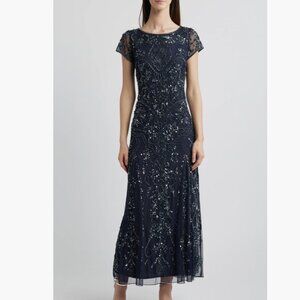 NWT PISARRO NIGHTS Luxury Dress-Beaded Navy Blue Maxi Formal -Size 10